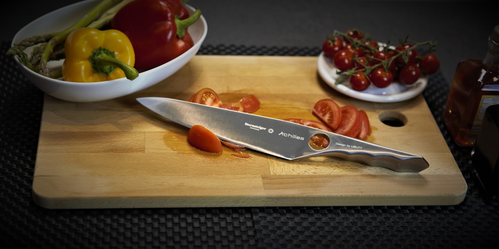 Forged blade on dark wood